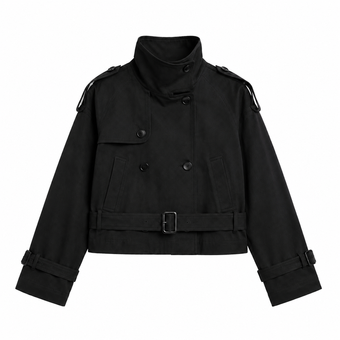 Cropped Belted Trench Jacket - Black