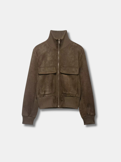 Suede Knit-Sleeve Bomber