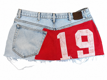Red Applique Print Denim Skirt