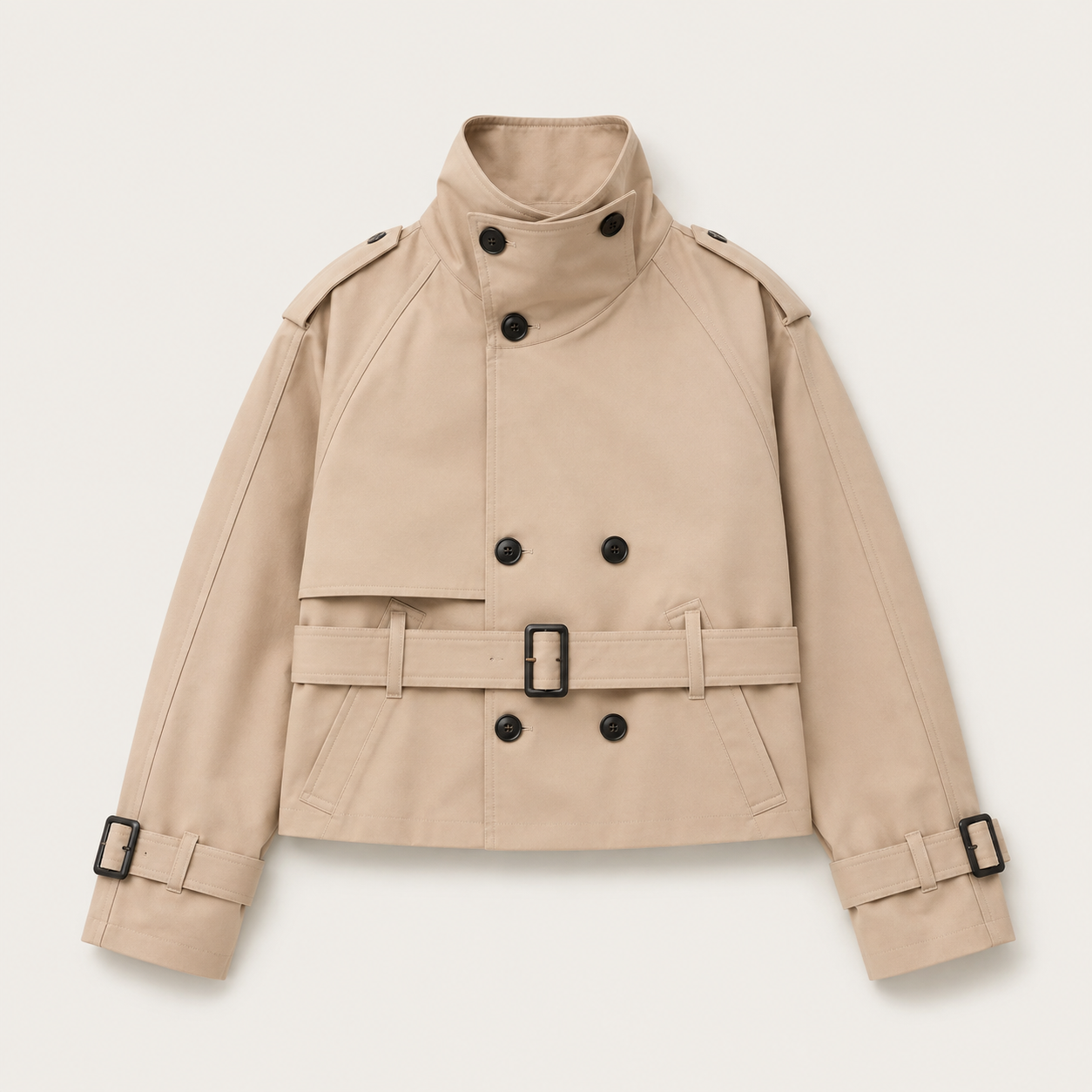 Cropped Belted Trench Jacket - Creme