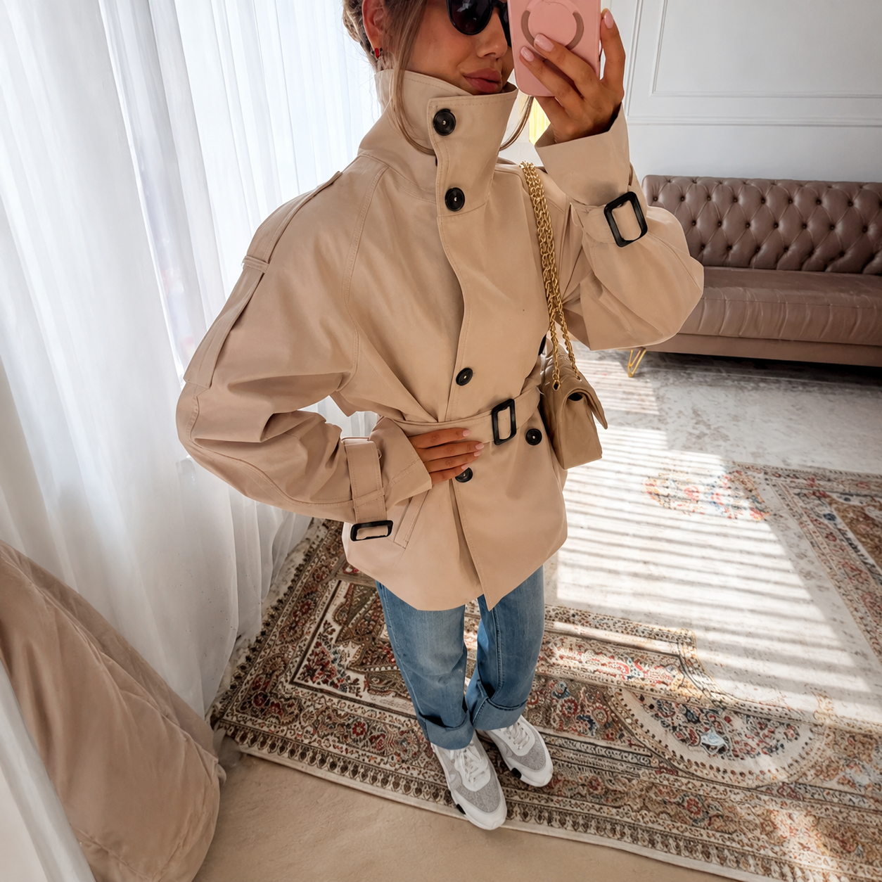 Cropped Belted Trench Jacket - Creme