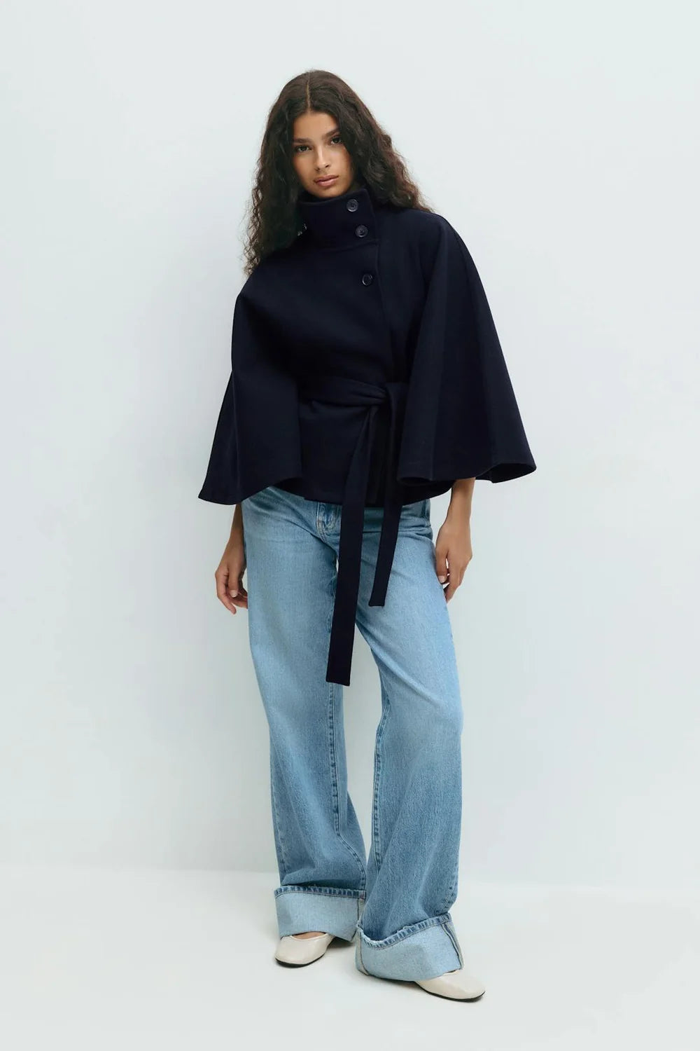 Belted Cape Coat - Navy Blue