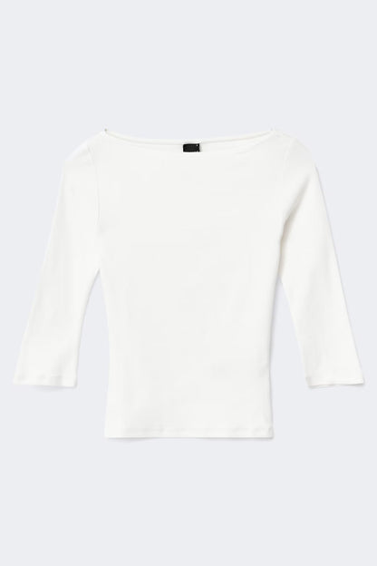 Quarter sleeve boatneck top - White