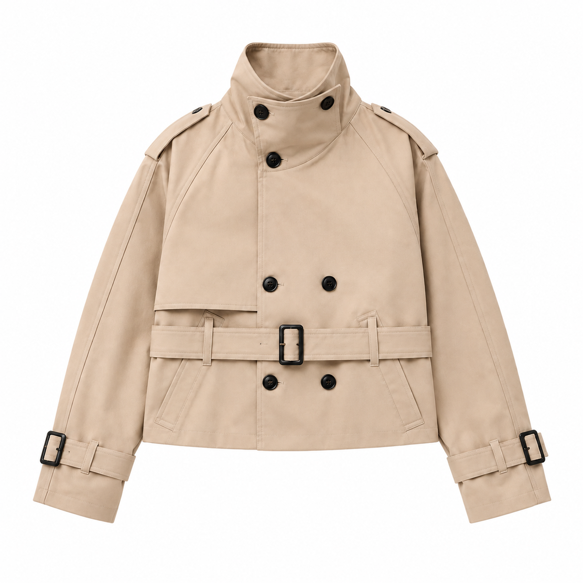 Cropped Belted Trench Jacket - Creme