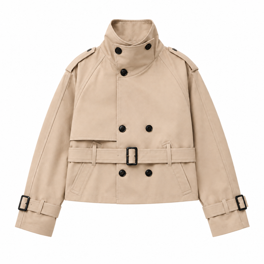 Cropped Belted Trench Jacket - Creme