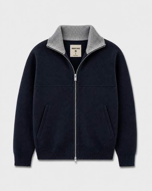 Noireve – Contrast Collar Knit Zip-Up
