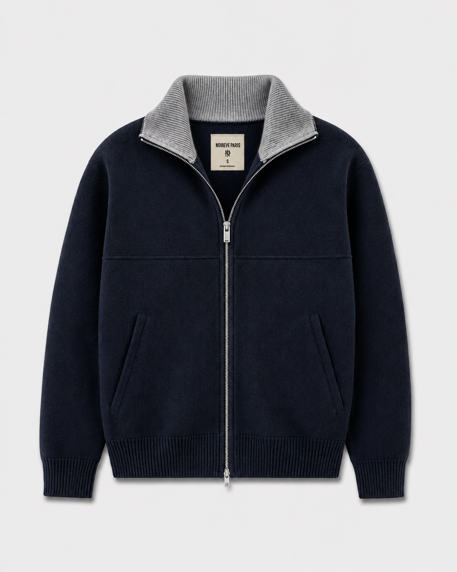 Noiréve – Contrast Collar Knit Zip-Up