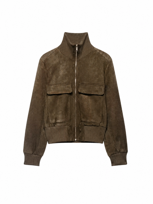 Suede Knit-Sleeve Bomber
