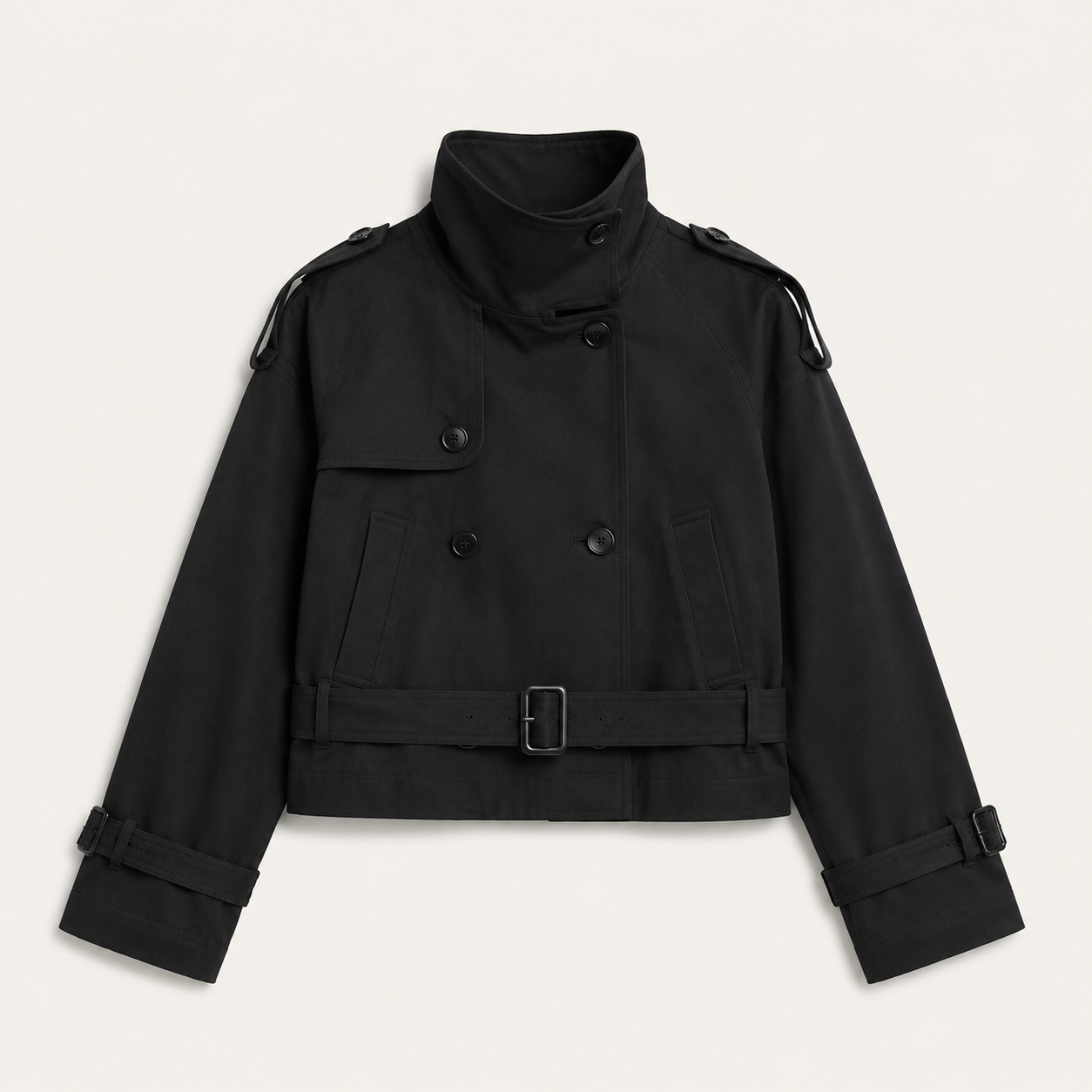 Cropped Belted Trench Jacket - Black