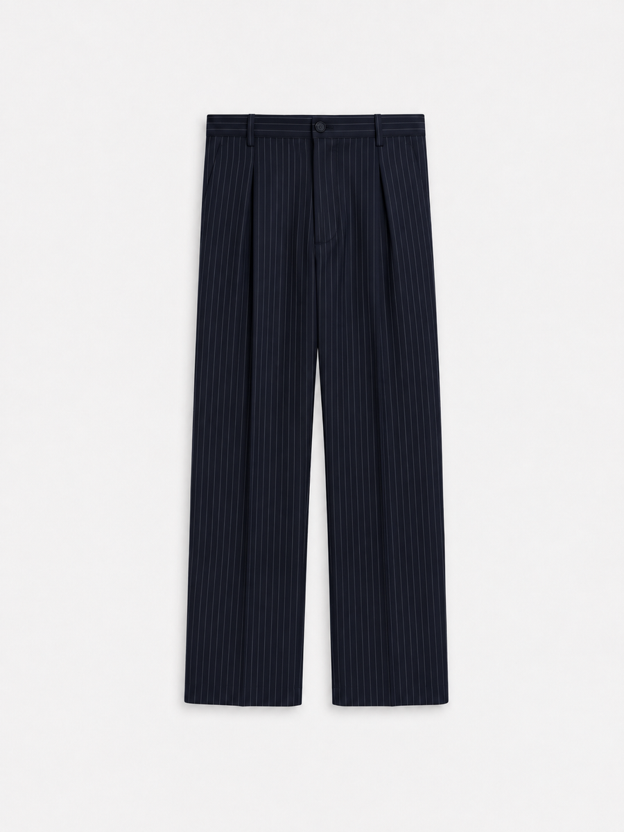 Pinstripe Pleated Trousers - Navy