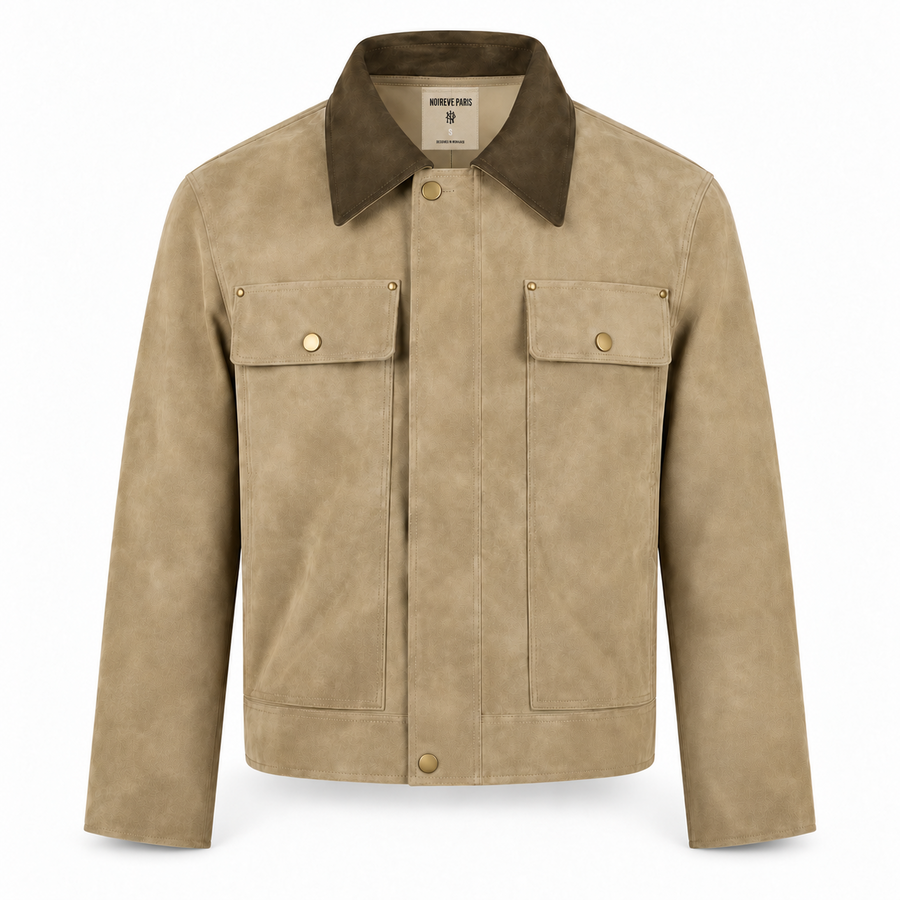 Atelier Leather Suede Jacket in sand with brown collar – front product view
