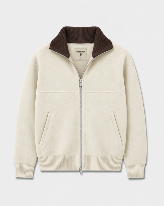Noireve – Creme Contrast Collar Knit Zip-Up
