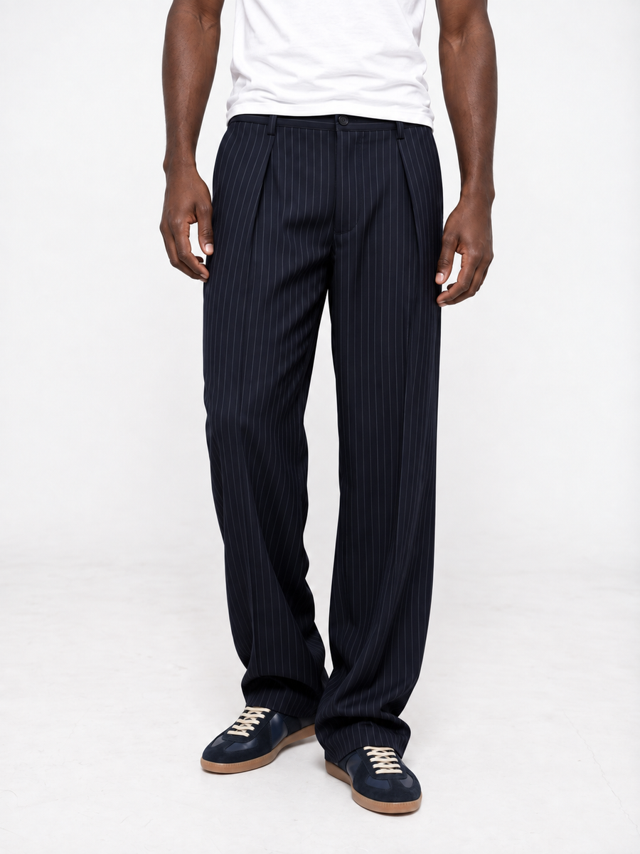 Pinstripe Pleated Trousers - Navy