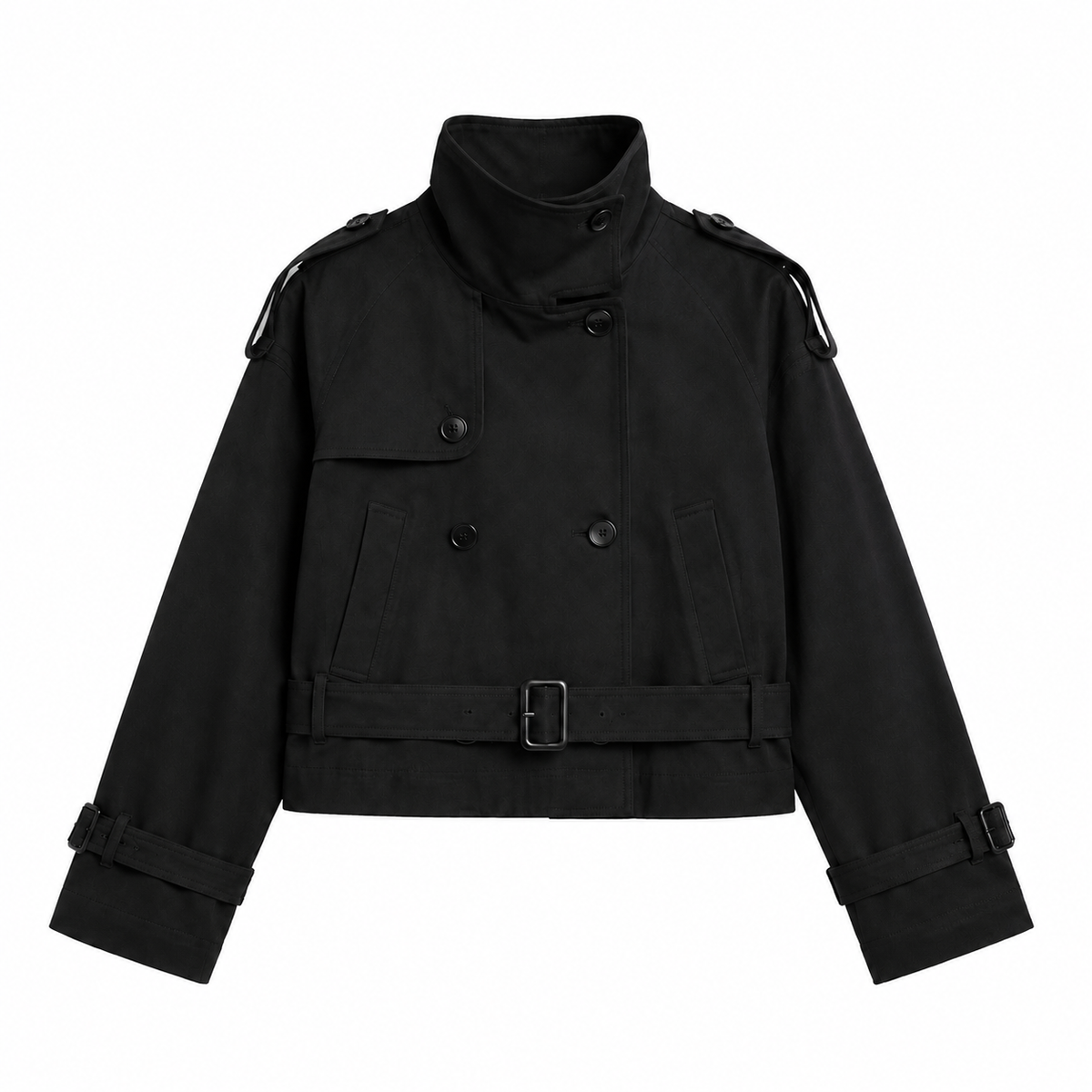 Cropped Belted Trench Jacket - Black