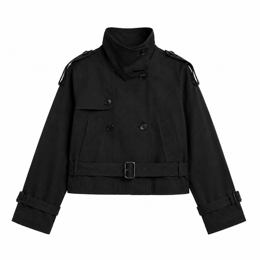 Cropped Belted Trench Jacket - Black