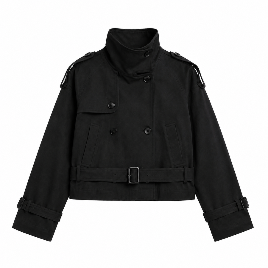 Cropped Belted Trench Jacket - Black