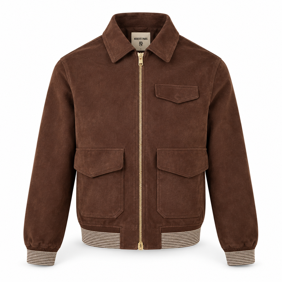 Heritage Suede Utility Jacket — Coffee front view, fully zipped